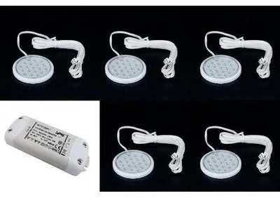 Produktbild von Starlicht 5× LED Unterbauleuchten – extra flach – Blau – 1W – inkl. LED Trafo – StarLED Round Weiß Durchmesser: 58 mm Aufbauhöhe: 6 mm Anschluss: 12V