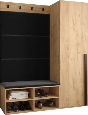 A modern hallway wardrobe unit with a bench and shoe storage.