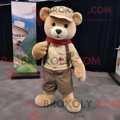 Produktbild von Beige REDBROKOLY Bär Maskottchen Kostüm Charakter gekleidet mit einem Cargo-Shorts und Schals