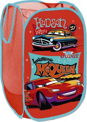 A pop-up laundry basket featuring characters from the movie Cars.