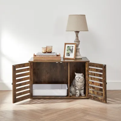 Obrázek produktu pro FEANDREA kotec pro kočky, 80x53x49,2 cm, pevný, odolný, se dvěma lamelovými dvířky vintage hnědý