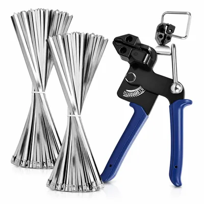 Productafbeelding van 200 stuks roestvrijstalen kabelbinders, 4,6 x 300 mm, gemaakt van roestvrij staal 304, inclusief kabelbinderpistool, AI-gegenereerde afbeelding