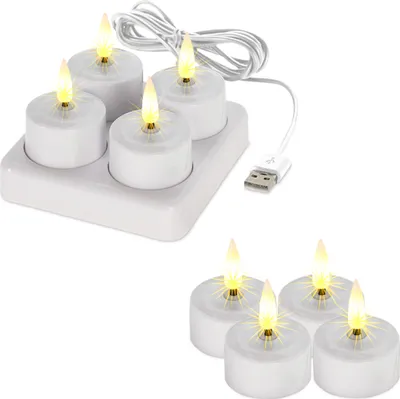 A set of LED tea lights with a charging station and a separate set of tea lights.