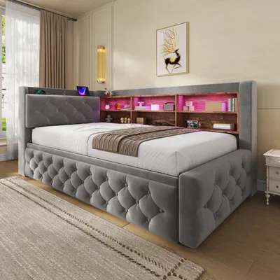 Produktbild von MODFU Daybett 90×190 Schlafsofa Polsterbett mit Samtbezug,Funktionsbett mit LED und USB-Type-C-Anschlüssen, Tagesbett mit Lattenrost, Grau(ohne Matratze)