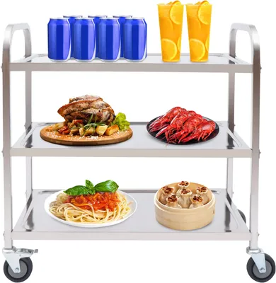 Image de chariot de service à 3 niveaux Chariot de cuisine en acier inoxydable avec 4 roues Chariot d'appoint Chariot de transport Chariot de débarrassage Chariot à roulettes