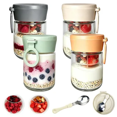 Produktbild von Set von 4 Overnight Oats Gläsern mit Löffel | 453 ml für Mahlzeitvorbereitung