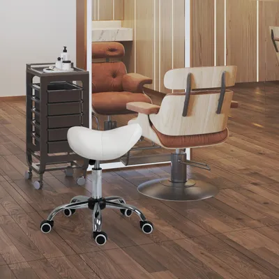 Produktbild von Rollhocker Sattelhocker höhenverstellbar, Drehhocker Arbeitshocker, PolyurethanKunstleder gepolstert, Weiß | 49–61 cm | 5 Rollen | Gasfeder