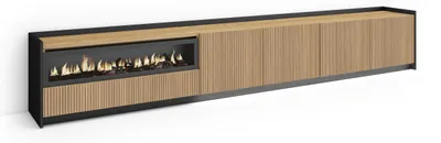 Immagine prodotto di Mobile TV Soggiorno, Ampio spazio a disposizione, 310x37x50 cm, Per TV fino a 80", Camino elettrico, Led, Stile moderno, Rovere e nero