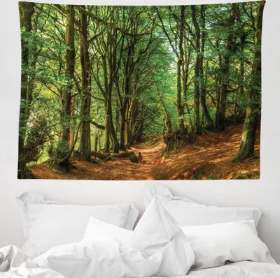 Produktbild von ABAKUHAUS Wald Wandteppich, Wald Pathway Szene aus Weiches Mikrofaser Stoff Waschbar ohne Verblassen Digitaldruck, 150 x 110 cm, Grün Braun