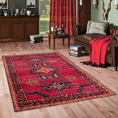 Produktbild von Kurzflor Designer Teppich Modern Vintage Orient Muster, Größe:200x290 cm, Design:Rot Bordüre