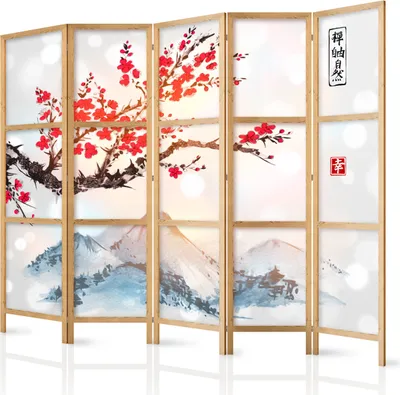 Produktbild von Paravent XXL Kirschblüte Gebirge 225x171 cm 5-teilig einseitig eleganter Sichtschutz Raumteiler Trennwand Raumtrenner Holz Design Motiv Deko Home Office Japan p-B-0002-z-c