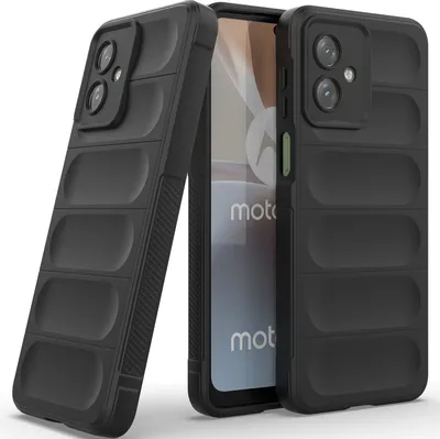 Two black phone cases are shown, one in the foreground and one in the background, with a smartphone partially visible between them.