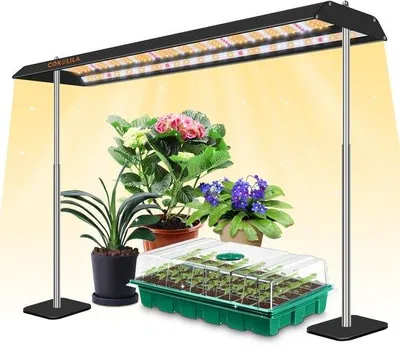 Immagine prodotto di Ibenzoa® Lampada LED regolabile per piante con timer – Spettro completo, 392 LED, 10 livelli di intensità, altezza regolabile da 30 a 60 cm, supporto in metallo e riflettore per piante da interno