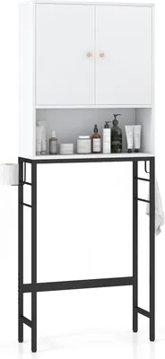 Produktbild von GOPLUS Toilettenregal, Badezimmerregal mit Doppeltürschrank, offenem Fach, verstellbarem Regal & unterer Stange, Weiß