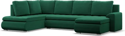A U-shaped sofa with a chaise lounge and ottoman, upholstered in dark green fabric, is shown against a white background.