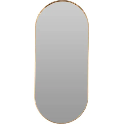 A vertical oval mirror with a gold frame against a white background.