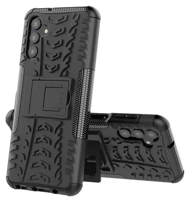 A black phone case with a tire tread pattern and a kickstand is shown against a white background. Another identical case is partially visible in the foreground.