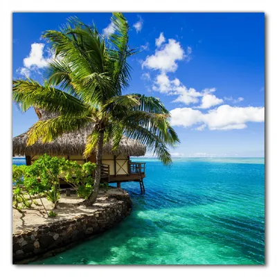 Produktbild von Wallario selbstklebende Möbelfolie/ Tischdecke für Innen und Außen, Größe: 70 x 70 cm - Karibisches Meer  Einsame Hütte unter Palmen