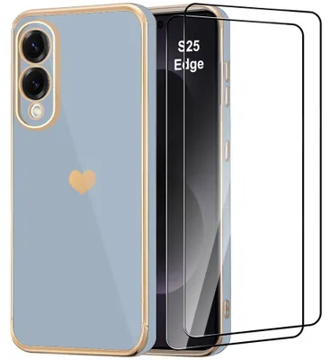 Image de Coque + 2 Verres Trempés pour Samsung Galaxy S25 Edge, Protection Silicone Slim Antichoc avec Motif Cœur - Bleu
