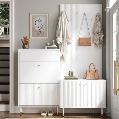 Produktbild von Merax Garderobenset mit Schuhschrank und 6 Haken, Garderobenwand mit Schublade und zwei Klappfächern, Flurmöbel Set aus MDF + Spanplatte, Weiß