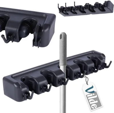 Imagen del producto de Soporte para mopas y escobas, plástico, 5 compartimentos, montaje en pared, 41x6x8 cm, para almacenamiento de equipos de limpieza