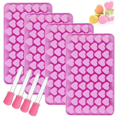 Obrázok produktu pre Formičky na čokoládu v tvare srdca, 4 kusy, silikón, ružové, s 4 pipetami