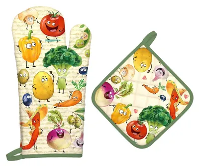 Immagine prodotto di Set da 2 pezzi: guanto da forno e presine in cotone, motivo vegetale, resistenti al calore fino a 260°C