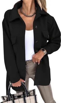 Produktbild von ASKSA Women's Single Breasted Shirt Jacket Long Sleeve Cardigan Coat Plain Outwear with Belt, Schwarz, L