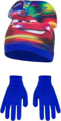 Produktbild von Disney Cars Lightning McQueen Kinder Wintermütze plus Handschuhe – Blau / 52