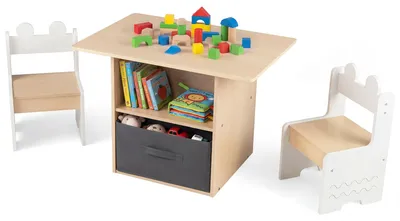 Produktbild von COSTWAY Kindertisch mit 2 Stühlen, 3 TLG. Kindersitzgruppe aus Holz mit Stauraum, & Stoffschublade, Aktivitätstisch, Maltisch für Kinder ab 3+, Weiß