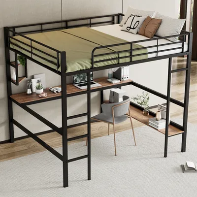 Image de OKWISH Lit Mezzanine 140x200 cm, Bureau et Étagères, Métal, Noir