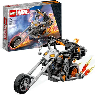 Produktbild von LEGO Ghost Rider mit Mech & Bike 76245 – Marvel Superhelden Bauspielzeug für Kinder ab 7 Jahren. Action-Figur mit Kette, beweglichen Armen, Beinen & Quetschhänden. Selbststehendes Motorrad (ca. 10x30x7 cm) mit Flammen-Auspuff und aufklappbarem Cockpit. 264 Teile. Mit LEGO Builder App Unterstützung und kompatibel mit weiteren LEGO Marvel Sets.