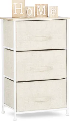 Zdjęcie produktu dla System regałowy Relaxdays, 3 szuflady z tkaniny, uniwersalny kontener szufladowy, metal i drewno, wys. x szer. x gł.: 73 x 45 x 30 cm, beżowy