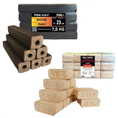 Produktbild von PINI Premium Holzbrikett Set – Buchenholz RUF 10kg + Eichenholz PINI KAY 7,5 kg 23 cm