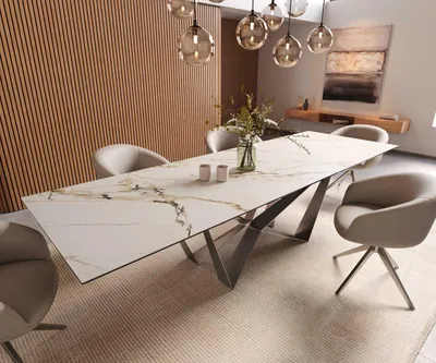 Produktbild von DELIFE Esstisch Edge 300x100 Keramik Calacatta Luxe Weiß-Gold-Grau Spider Flachstahl Edelstahl