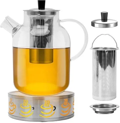Productafbeelding van Unyqoos® Theepot van borosilicaatglas, 1,8 liter, met roestvrijstalen zeef en onderzetter – hittebestendig, voor 5-6 kopjes, roestvrij staal 304