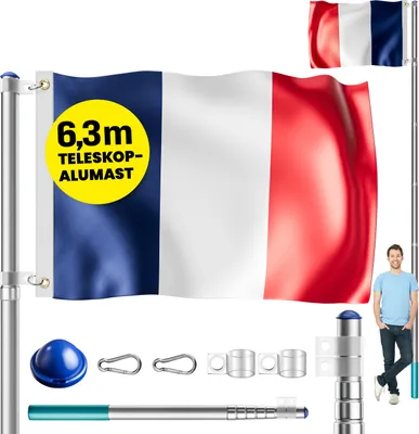 Produktbild von MONZANA® Fahnenmast Aluminium Teleskop 630cm Bodenhülse 60cm inkl. Flagge Flaggenmast Mast Flagge Alu, Farbe:Frankreich