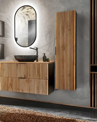 Produktbild von MONTIERT Design Badmöbel Set XILO 100 cm mit Waschbecken LED Soft-Close Waschtisch Spiegel Hochschrank