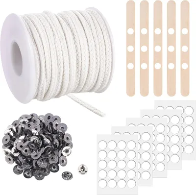 Image de 1600 cm de cire pour bougies, 75 mèches pour bougies épaisses avec 100 supports métalliques adhésifs, mèches en coton pour Pâques, mariage