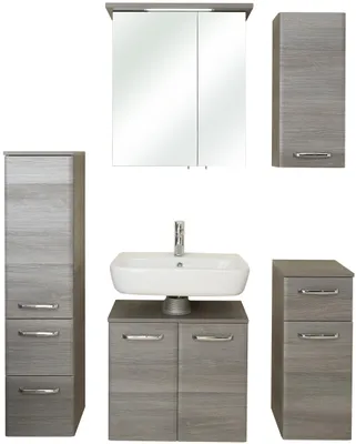 Produktbild von Badmöbel-Set, Quickset 328 Pelipal, Waschbeckenunterschrank, LED-Spiegelschrank, Hängeschrank, Unterschrank und Midischrank, Graphit-Struktur