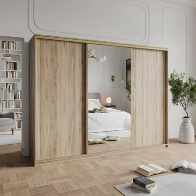 Produktbild von Masseno Schiebetürenschrank TAVI 250/205/60 cm Kleiderschrank mit 4 Schubladen Schlafzimmer Schrank 3-türig mit Spiegel Sonoma Eiche