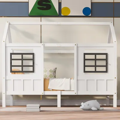 Image de Merax Lit d'enfant 90x200cm avec protection contre les chutes, lit de jour lit de maison avec sommier à lattes et 2 fenêtres, lit de sol en bois massif lit simple pour garçon et fille, blanc