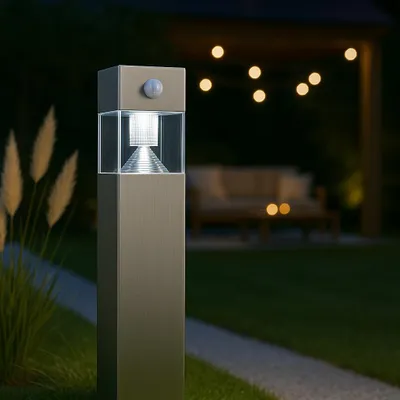 Produktbild von MeLiTec Solar Gartenleuchte SO32 eckig mit Bewegungsmelder, Edelstahl matt gebürstet : Eckig : Edelstahl matt Form: Eckig Oberfläche: Edelstahl matt