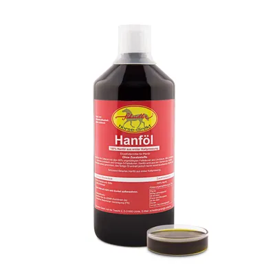 Produktbild von Hanföl, Hanfsamenöl 1 Liter Einzelfuttermittel für Pferde & Hunde – 100% kaltgepresst aus dem Cannabis Sativa Samen – ohne Zusatz, auch zum Barfen