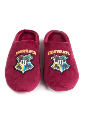 A pair of burgundy Harry Potter Hogwarts slippers shown from a top-down perspective against a white background.