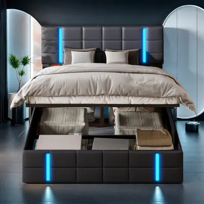 Produktbild von ProximaX Polsterbett Stauraumbett Hydraulisches Bettgestell Doppelbett 140x200cm, Bett mit LED Beleuchtung, Gepolstertes Kopfteil mit USB Typ-C Ladefunktion, (Schwarz, 140x200cm)