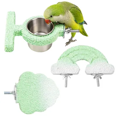 Productafbeelding van Set van 3 vogelaccessoires: een voerbak en een vogelzitstok met regenboogmotief