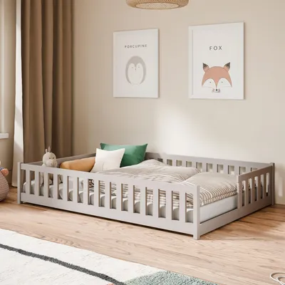Produktbild von Kids Collective Kinderbett Bodenbett mit Rausfallschutz Lattenrost und Matratze Montessori Bett Bed Gitterbett Kinder Jugendbett Einzelbett | 140x200 cm | Kaschmir