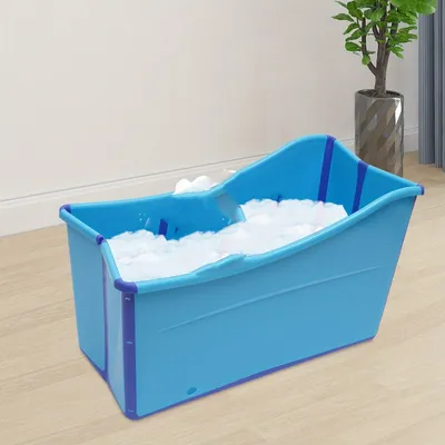 Immagine prodotto di Vaschetta da bagno pieghevole – Portatile – In plastica – Salvaspazio – Con tappo di scarico – Blu