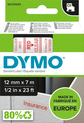 Produktbild von DYMO Original D1-Etikettenband | rot auf transparent | 12 mm x 7 m | selbstklebendes Schriftband | für LabelManager-Beschriftungsgerät